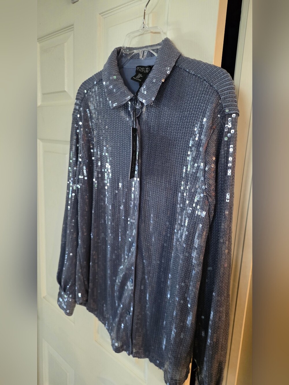 NWT Rachel Zoe Silver Blue Gray Sequin Button Shirt Jacket Medium - Picture 3 of 14